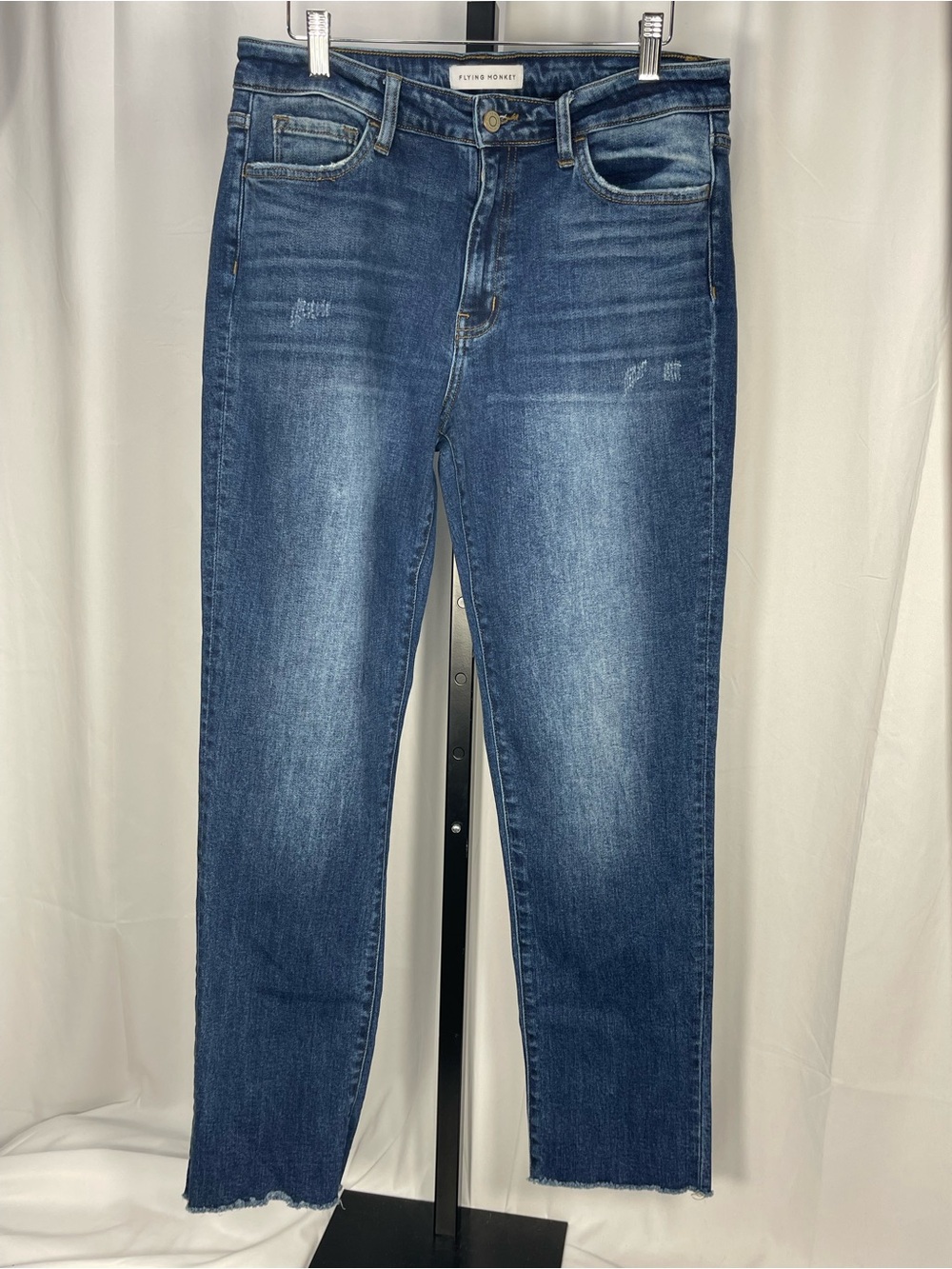 Flying Monkey Ankle Jeans w/frayed hem. Cuffed or left straight. Relaxed fit.